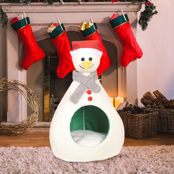 Casa navideña para gatos perfecl Cueva navideña Forma de muñeco de nieve Cómoda y cálida cama para mascotas de invierno