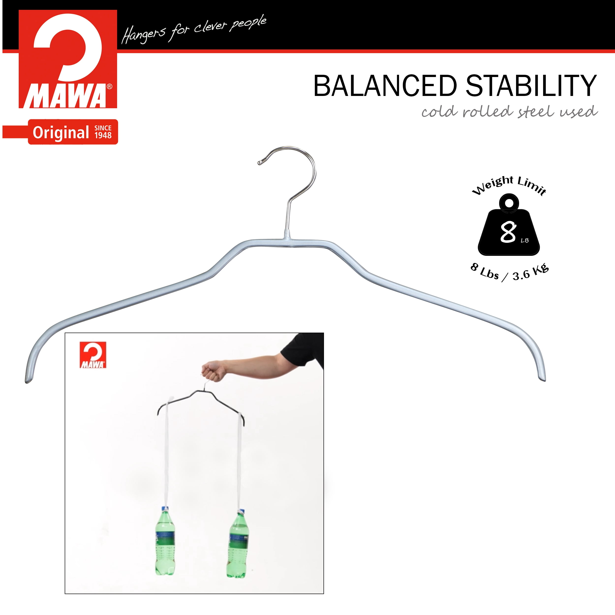 Mawa by Reston Lloyd Silhouette Series Non-Slip Space Saving Clothes Hanger for Shirts and Dresses, Style 41/F, Set of 12, Silver
