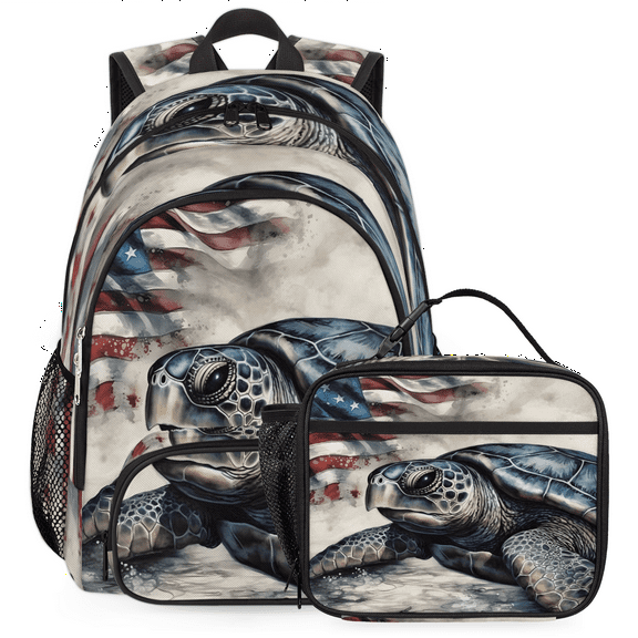 Herdesigns Sea Turtle Backpack with Lunch Box Vintage American Flag Lightweight Large Travel Work Laptop Backpacks Set Casual Daypacks