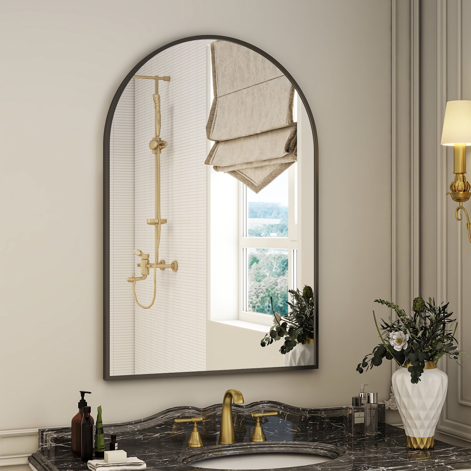 BEAUTYPEAK 24"x 36" Bathroom Mirror Wall Vanity Arched Mirror, Black