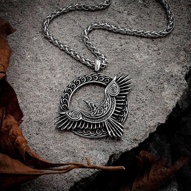 Collar de cuervo y águila de color dorado para hombre, amuleto vikingo de cuervo, colgante de runa de Odín de acero inoxidable, joyería de mitología nórdica, regalo, plata, código de producto 48821 Pl
