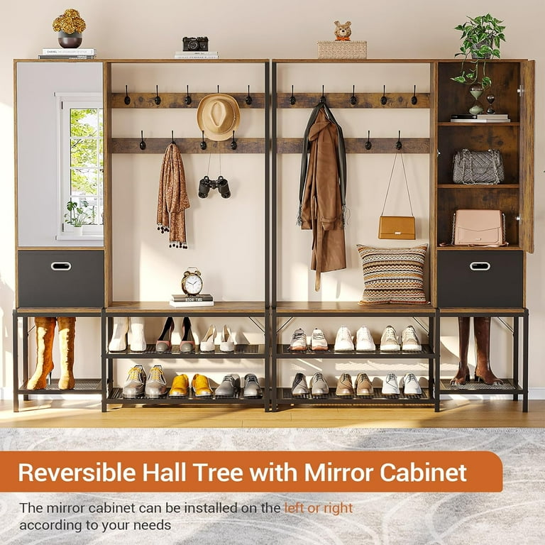 Hall Tree with with Mirror Cabinet Shoe Bench Entryway Coat Rack with Fabric Drawer 9 Hooks Storage Shelves for Bedroom Living Room Rustic Brown