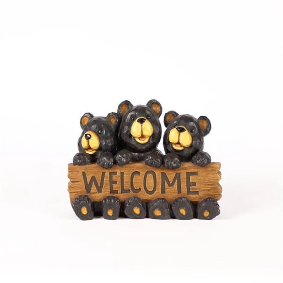 Hi-Line Gifts Bear Family Holding Welcome Sign Outdoor Garden Statue - 14.5" - Black