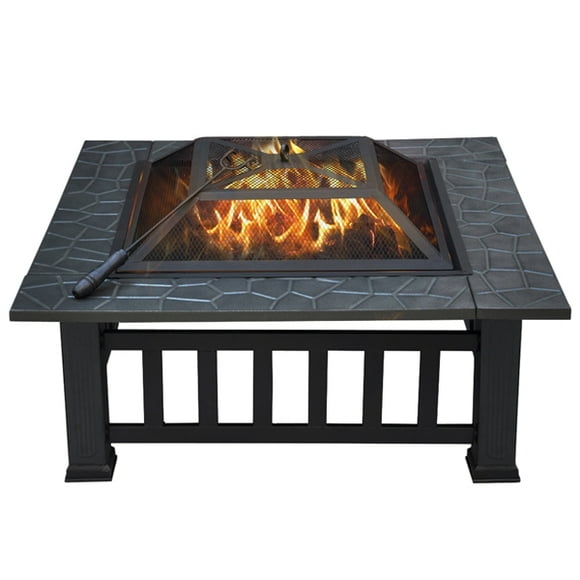 Yaheetech 32'' Outdoor Square Fire Pit Garden Stove Brazier Metal w/Cover & Poker