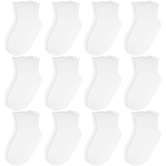 Bocaoying 12-Pack Non-Slip Toddler Socks Cotton Baby Crew Socks Ruffle Cuff White