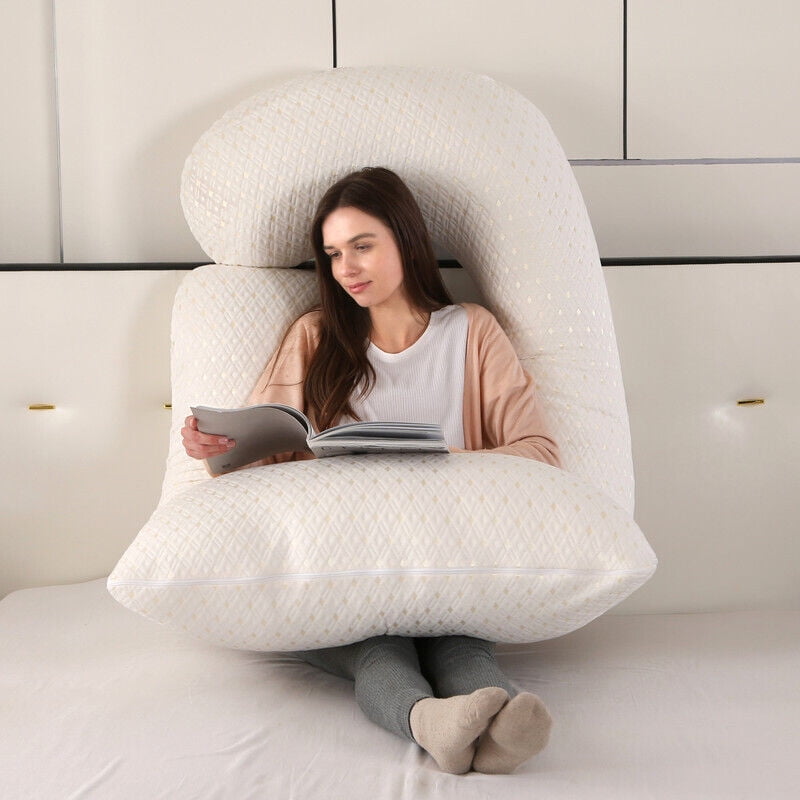 TOPCHANCES Pregnancy Pillow, J-Shape Full Body Maternity Pillow for Side Sleeping with Removable Cover, 27 * 57inch, Light Gold