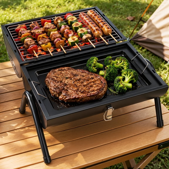 Doulami Portable Charcoal Grill Tabletop BBQ with Dual Independent Charcoal Trays, 40 Skewers Capacity, One-Step Vent Temperature Control, Lightweight 6.6 lbs for Camping Tailgating Backyard
