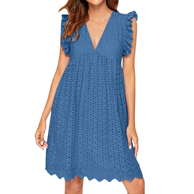 Ketyyh-chn99 Robe pour Femme Grande Taille Robe Évasée à Fleurs Robe d'Été Manche à Volants Ample Fluide Plissée Robe Mini Bleu Foncé,TP