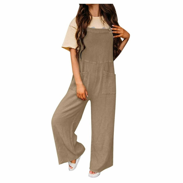 Yuyuzo Women Wide Leg Overalls Sleeveless Jumpsuits Loose Solid Suspender Comfy Baggy Button Rompers Playsuits with Pockets
