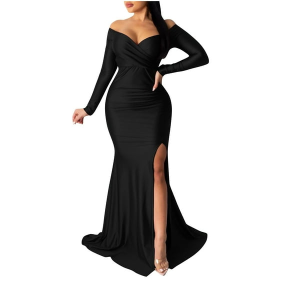 Alkepwun Long Sleeve Maxi Dress for Women Off Shoulder High Split Formal Party Gowns Sexy V Neck Satin Fishtail Hem Evening Dress