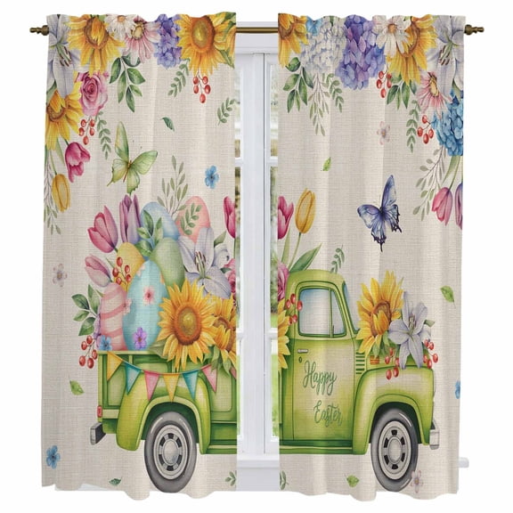 Easter Eggs Kitchen Curtains 63 Inch Length, Spring Flowers Truck Leaves Butterflies Beige Tiers Curtains for Living Room Berdoom Bathroom, Light Filtering Drapes Window Treatment 2 Panels 42"Wx63"L