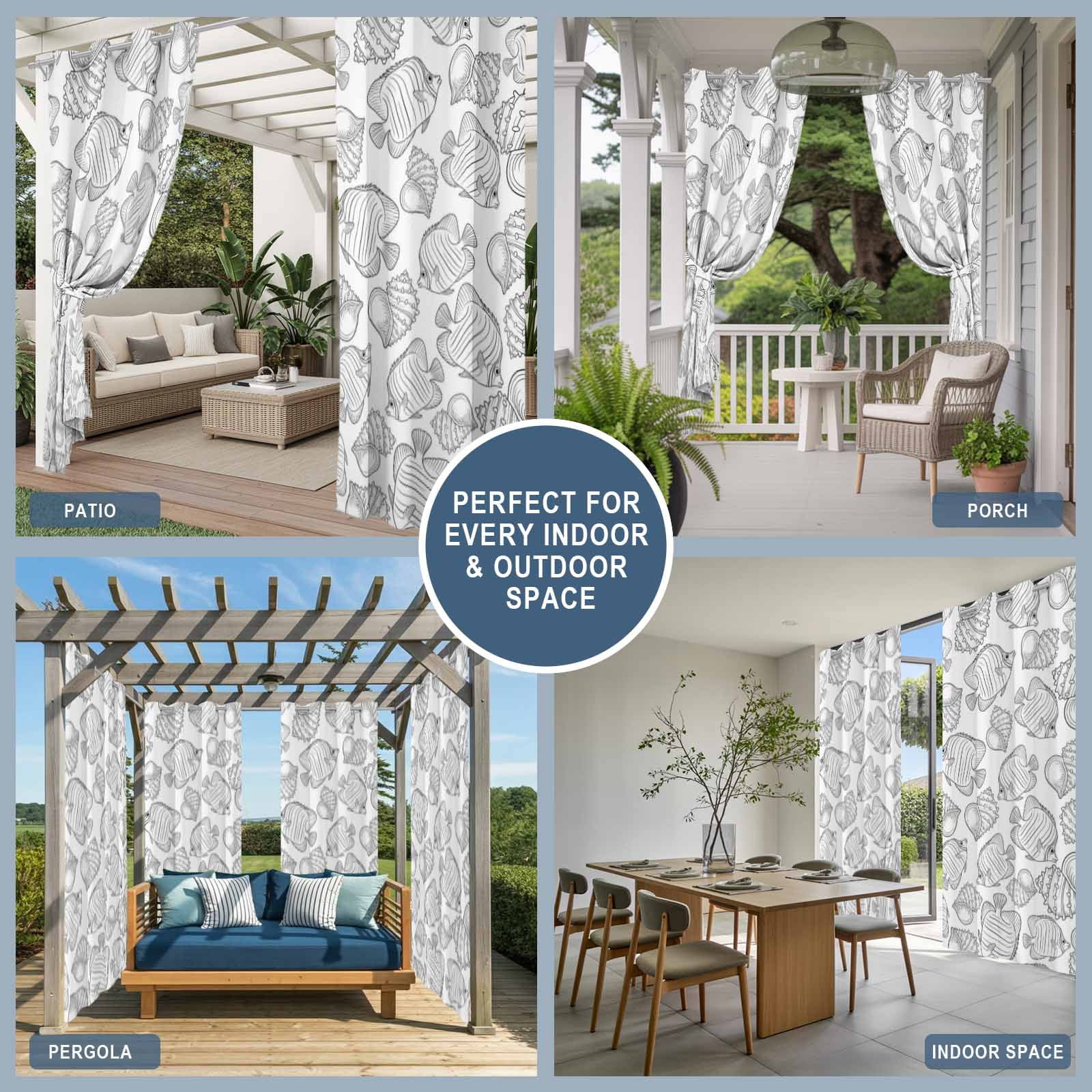 Marine Life Outdoor Curtains for Patio, Oceans Fish Sea Nut Line Sketches Style Black Sunshade Privacy Drapes Grommet Waterproof Outside Curtains for Porch/Cabana/Balcony 54"x 108", 1 Panel