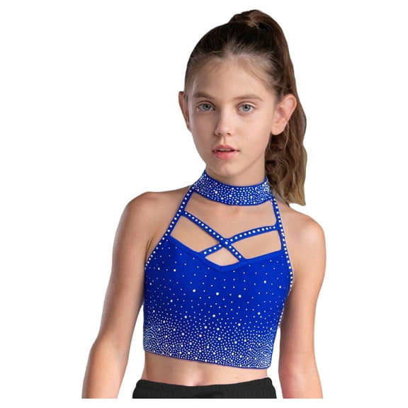 vastwit Kids Girls Athletic Crop Top Sleeveless Rhinestones Crisscross Straps Front Cutout Back Sports Bra Royal Blue 10