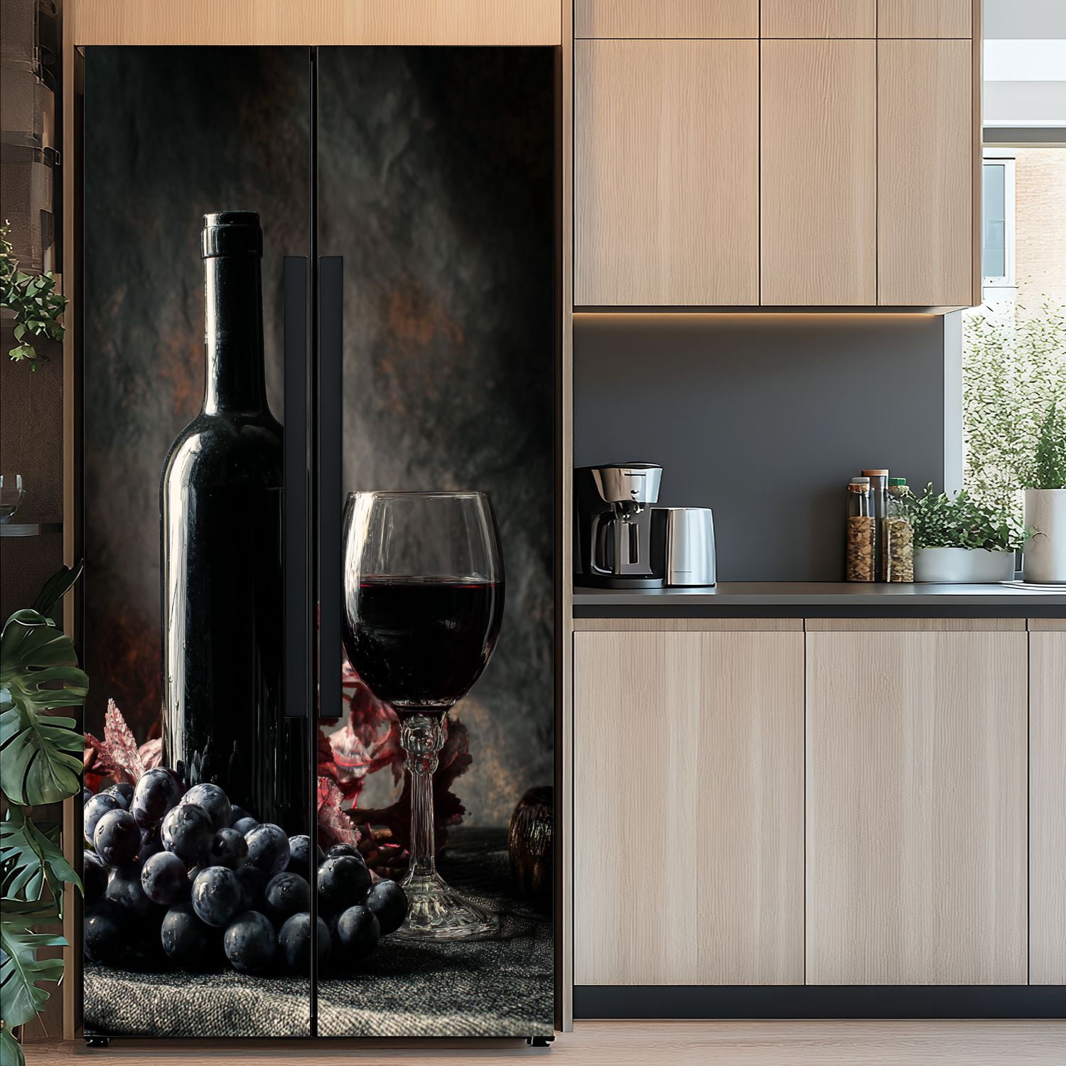 Self Adhesive Vinyl Refrigerator Wrap Set Bottle red wine glass grapes Door Mural Removable Fridge Sticker Peel and Stick&nbsp;Full Door Cover Decal Kitchen Bar Decor