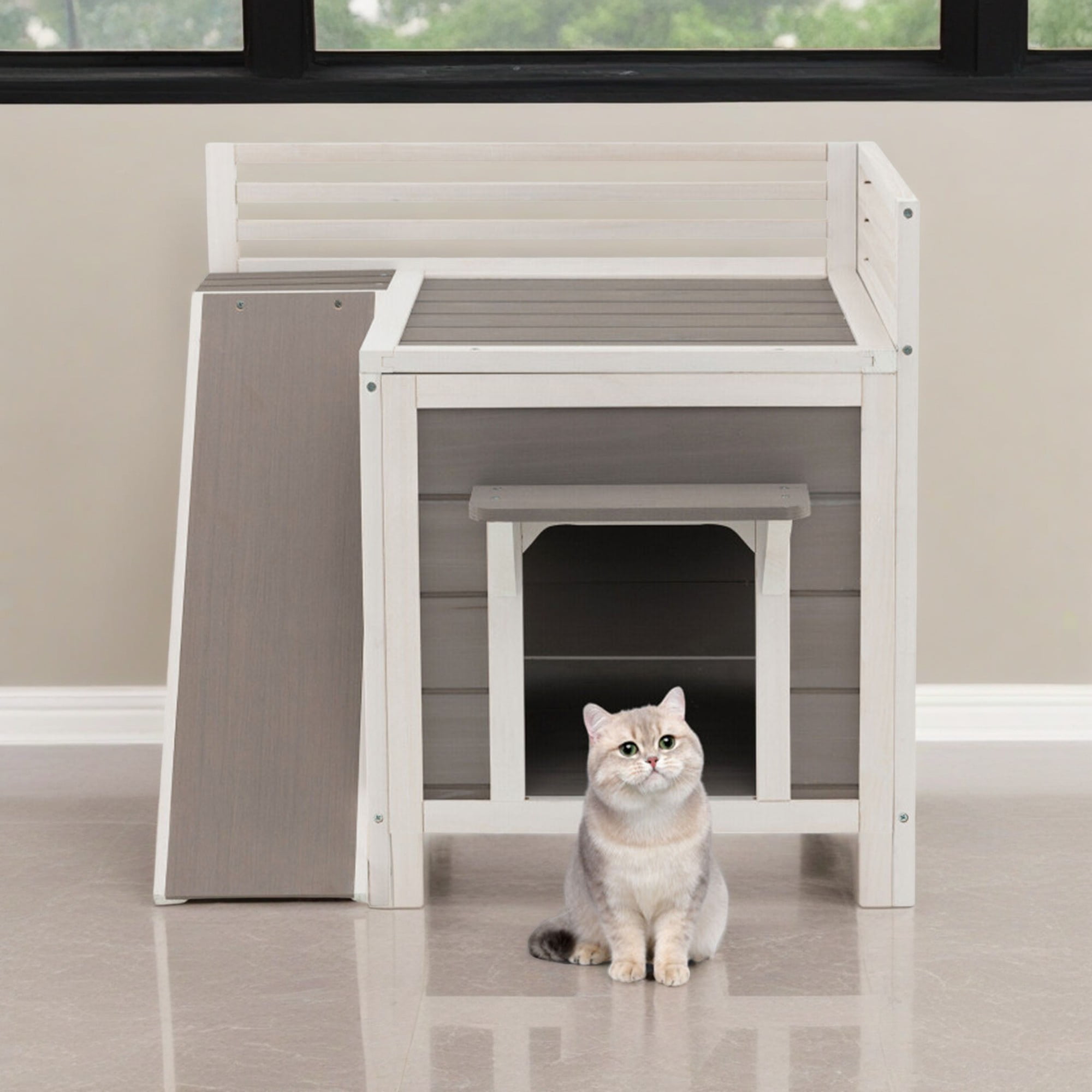 Kadyn 27" Cat House for Outdoor Cats, Weatherproof Cat Shelter with Escape Door, 2 Story Wood Cat Condo with Ladder, Gray