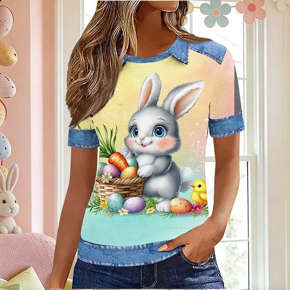 VKOYWKM Easter Bunny Tops Women Summer Tshirts Cute Rabbit Eggs Graphic Tees Short Sleeve T Shirts Loose Fit Holiday Crew Neck Shirt
