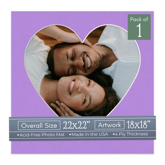 Pansy Purple Picture Frame Mat for 22x22 Frames - Heart Opening for 18x18 Photos - 1 Mat