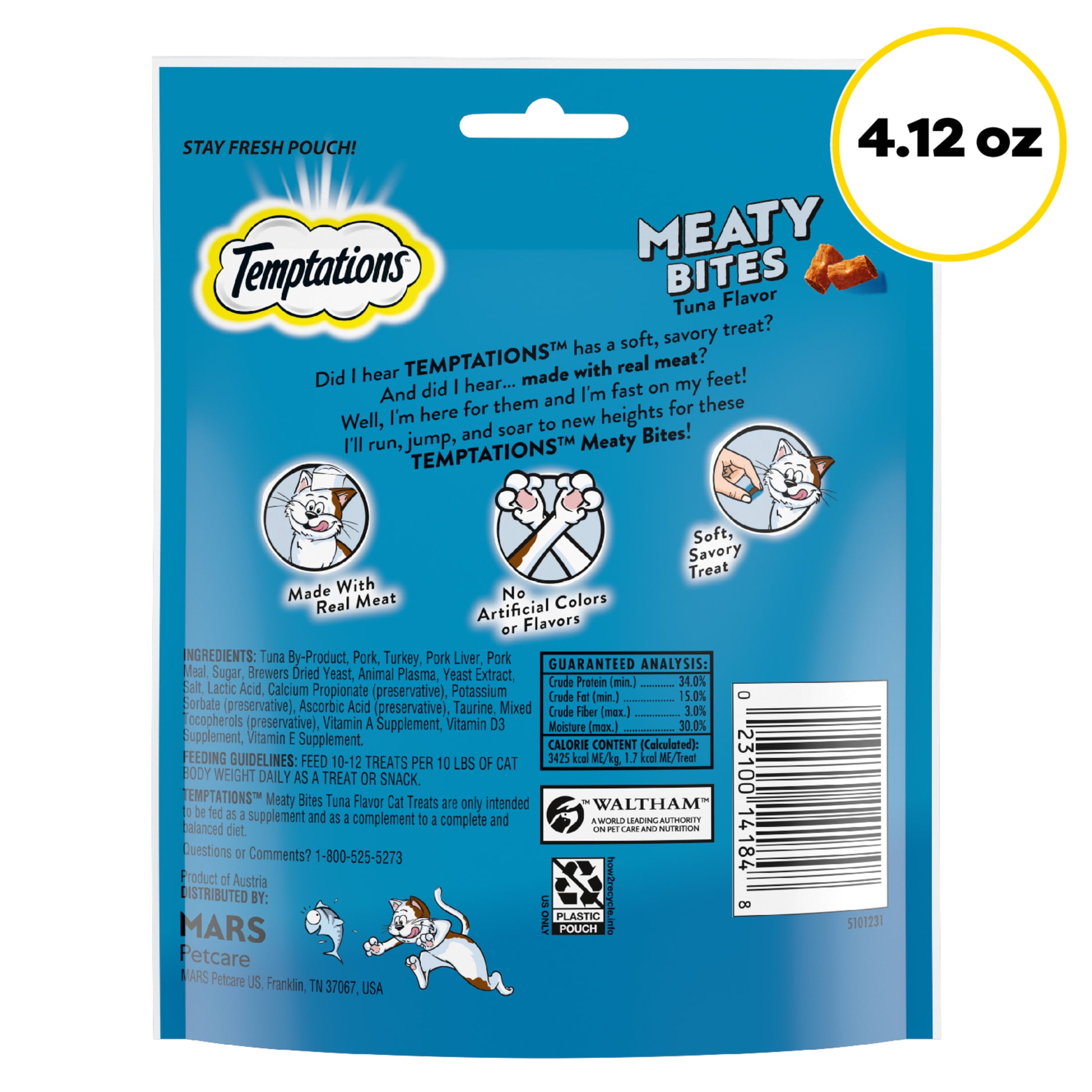 Temptations Meaty Bites Soft and Savory Tuna Flavor Cat Treats for Adult Cats, 4.12 oz Pouch