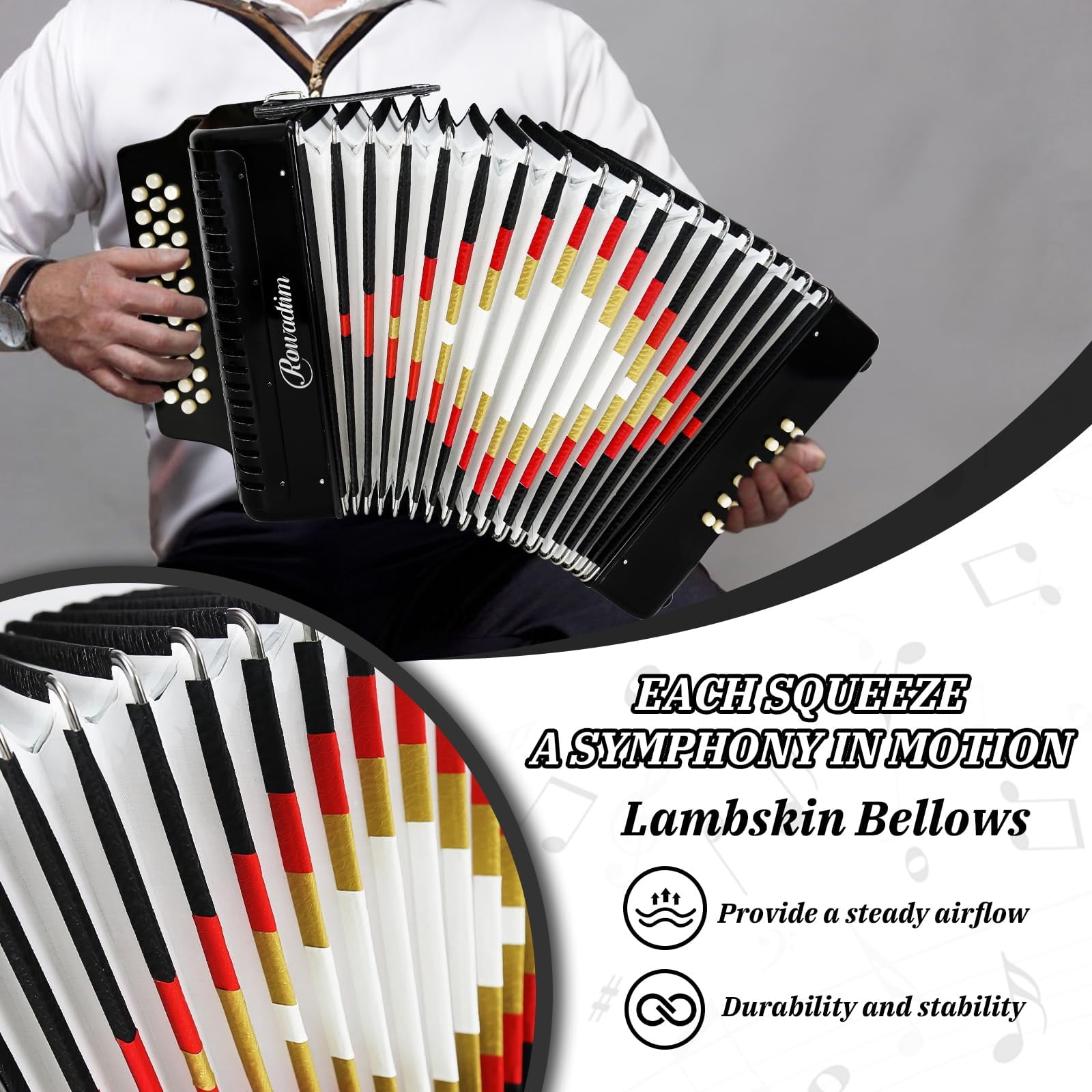 Rowadtim 31-Key Accordions, 12-Bass Diatonic Accordion, Ideal for Beginners; Tuned to F/B/E, Perfect for Musicians and Teachers; Comes with a Carrying Case, Shoulder Strap, Gloves（Black）