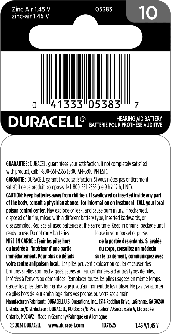 (6 pack) Duracell Size 10 Yellow Hearing Aid Batteries, 8 Pack