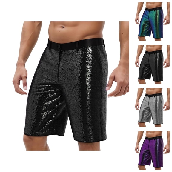 Shiny Metallic Wet Look Sequin Shorts for Men Summer Elastic Waist Straight Leg Sparkly Sequin Shorts with Pockets