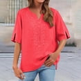 thumbnail image 2 of Bxsruta Cotton Linen Embroidered V Neck Blouse Casual Loose Short Sleeve Pullover Top for Women, 2 of 8