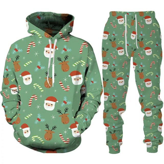 Conjunto de chándal de 2 piezas para hombre y mujer, ropa de Año Nuevo con estampado 3D de Navidad, sudaderas con capucha y pantalones, traje de fiesta de navidad