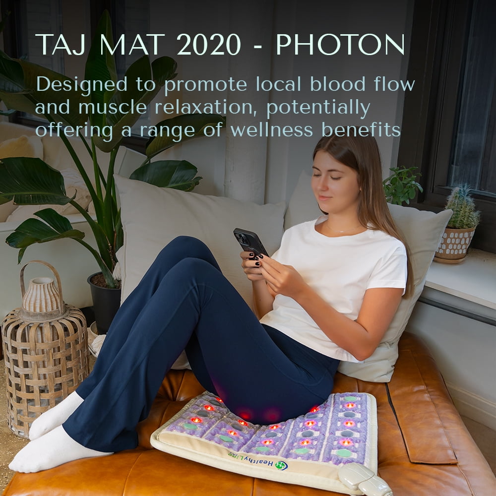 HealthyLine TAJ 2020 Far Infrared Heating Pad with Real Gemstones, PEMF Mat with Amethyst, Jade, Tourmaline, Adjustable Temperature Control for Natural Pain Relief 20” x 20”