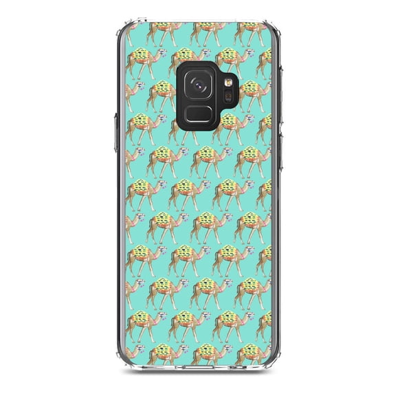 DistinctInk Clear Shockproof Hybrid Case for Samsung Galaxy S9 (5.8" Screen) - TPU Bumper, Acrylic Back, Tempered Glass Screen Protector - Preppy Pattern - Camels on Teal Background