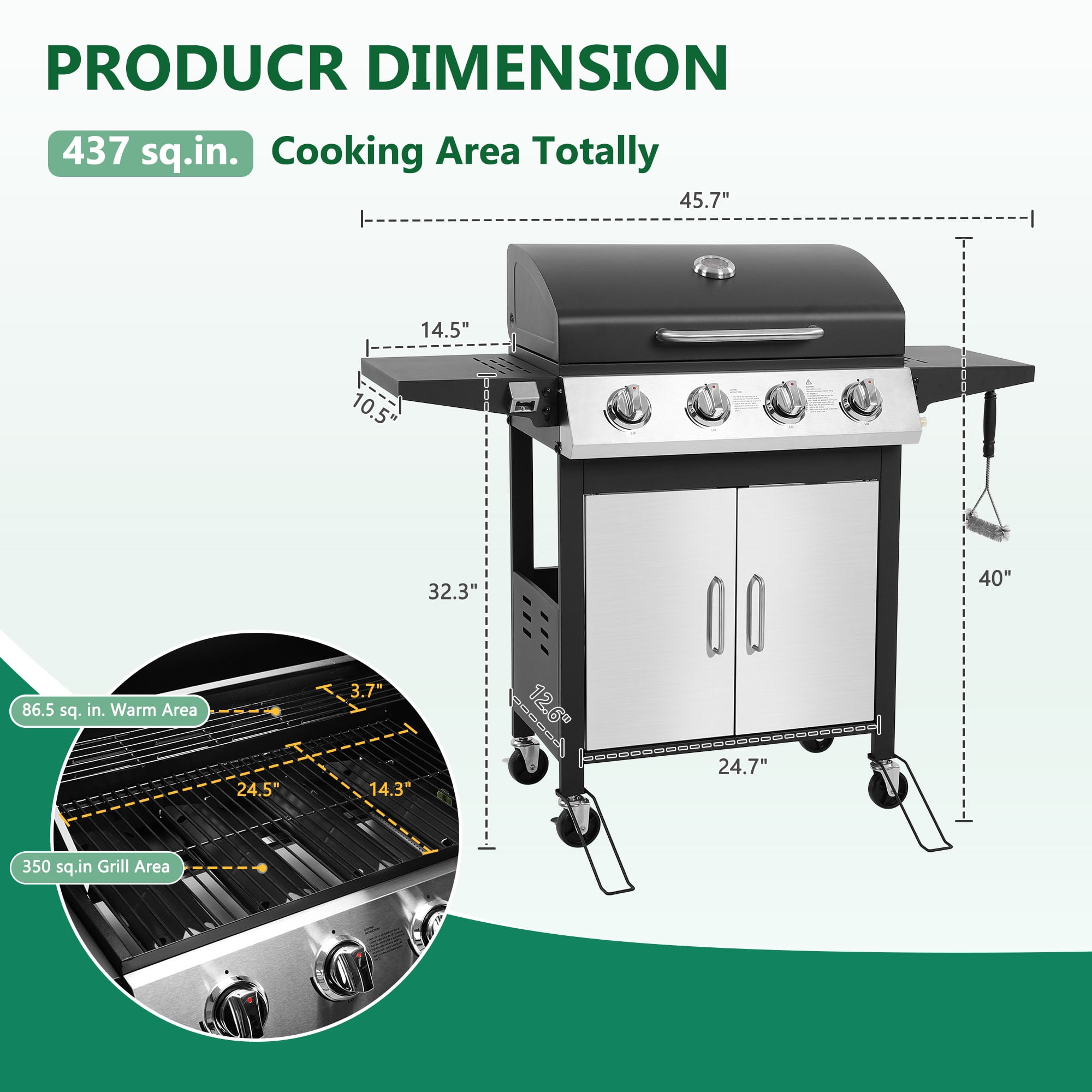 4-Burner Gas Grill with 4 Universal Wheels & Bottle Opener, 40000BTU Outdoor Grill with Side Table for Camping, Black & Sliver