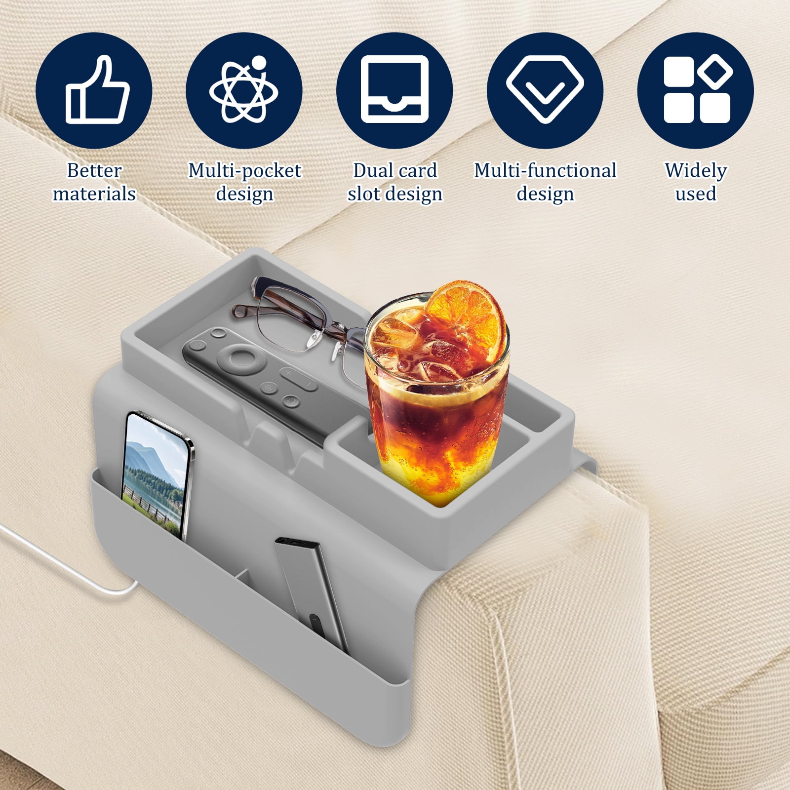 NUAHRHY Couch Cup Holder, Couch Arm Tray, Silicone Sofa Armrest Tray with Dual Side Pocket, Anti-Spill Chair Recliner Organizer for Cellphone Remote Control Snacks iPad
