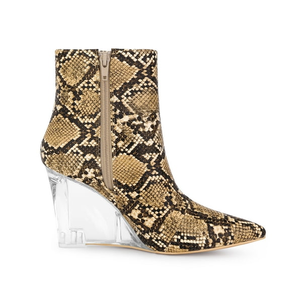 Unique Bargains Women s Snake Print Clear Wedge Heels Ankle Boots Brown Size 9