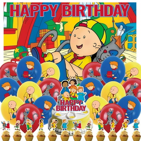 32 Pcs For Caillou TV Series Theme Birthday Party Supplies Party Favor Set,With 5*3ft Birthday Backdrop Decorations,18 Balloons,13 Cupcake Toppers,All in One Party Supply Set