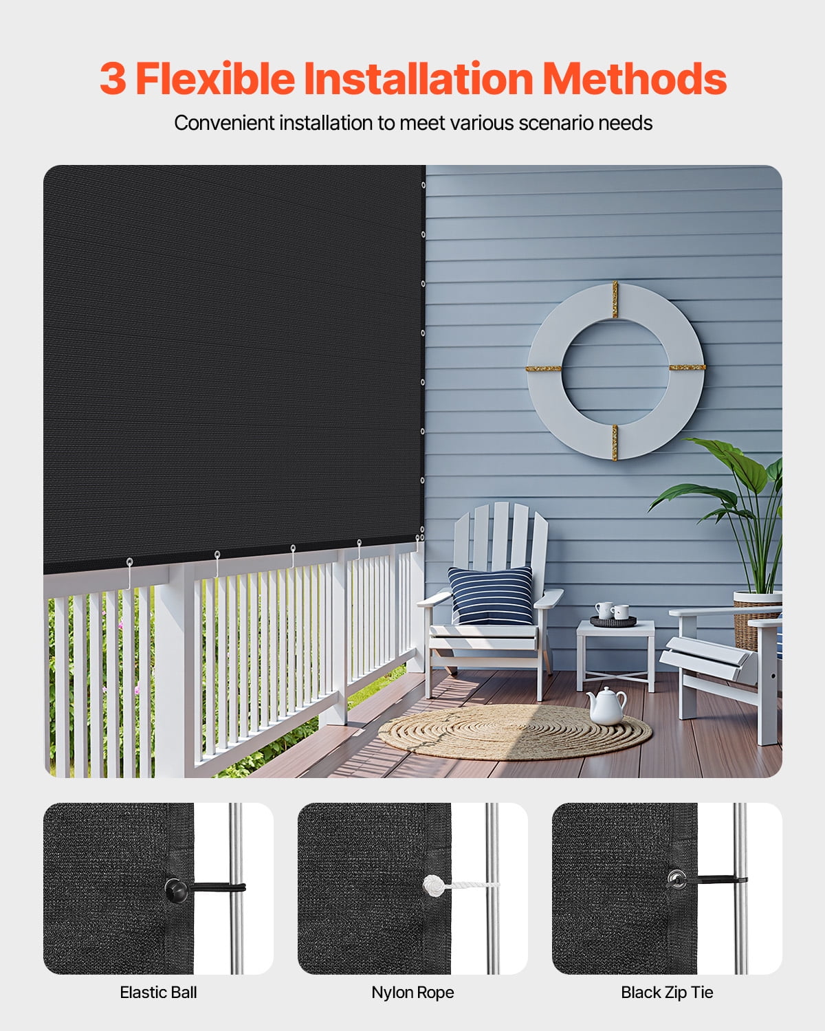 VEVOR 90% Sun Shade Cloth, 10 x 12 ft Pergola Shade Cover with Stainless Steel Grommets, Sun Shades Canopy Privacy Screen with 140 GSM HDPE Material, for Outdoor, Patio, Garden, and Backyard (Black)