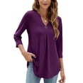 thumbnail image 3 of Rejlun Ladies Tee 3/4 Sleeve T-shirt V Neck T Shirt Casual Tops Loose Dailywear Tunic Blouse Purple XL, 3 of 4