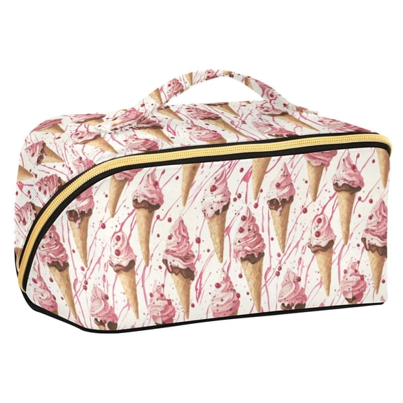 FORMRS Makeup Bag Travel Cosmetic Organizer for Women Fold Flat Zipper Pouch with Handle, Pink Ice Cream Pattern