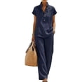 thumbnail image 2 of Linen Sets for Women 2 Piece Summer Casual Short Sleeve V Neck Button down Shirts Matching Loose Wide Leg Pants,Navy,L, 2 of 4
