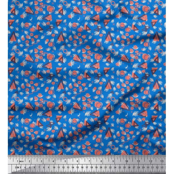 Soimoi Blue Cotton Poplin Fabric Circle & Triangle Geometric Print Sewing Fabric Yard 42 Inch Wide