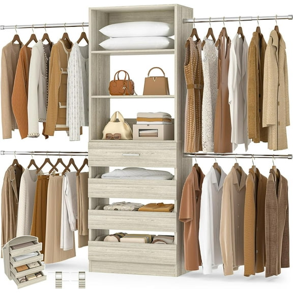 Aheaplus Closet System, 4-9Ft Closet Organizer with 4 Wooden Drawers, Wood Closet Organizer System with Tower, Walk-in Closet Organizer Wardrobe Garment Clothes Rack with 4 Hanging Rods, 2White Oak