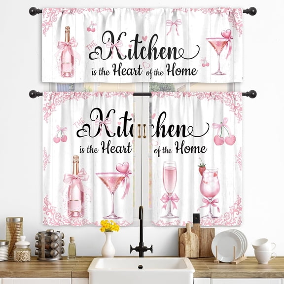 Pink Wine Glass Cherry Bow Kitchen Print Tier Curtain White Wooden Plank Short Window Curtain Sweet Romantic Style Curtain For Kitchen Indoor Home Decor