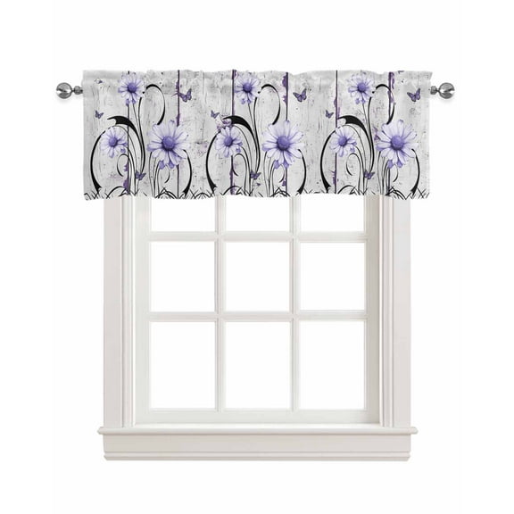 Purple Daisy Kitchen Valances for Windows Farmhouse Linen Window Valance Curtain for Living Room Window Treatment Country Botanical Floral Butterfly Wooden Valance Rod Pocket Topper, 54 x 18 Inch