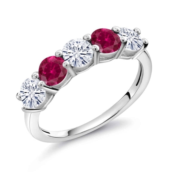 Gem Stone King 925 Sterling Silver White Moissanite and Red Created Ruby Wedding Band Ring for Women (0.98 Cttw, Round 3.5MM, Gemstone Birthstone, Size 5)