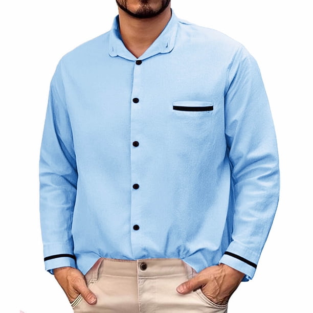 pstuiky camisas de manga larga para hombre, Camisa informal de manga larga con cuello vuelto y botones estampados en color liso para hombre Tops de talla grande para hombre xxl
