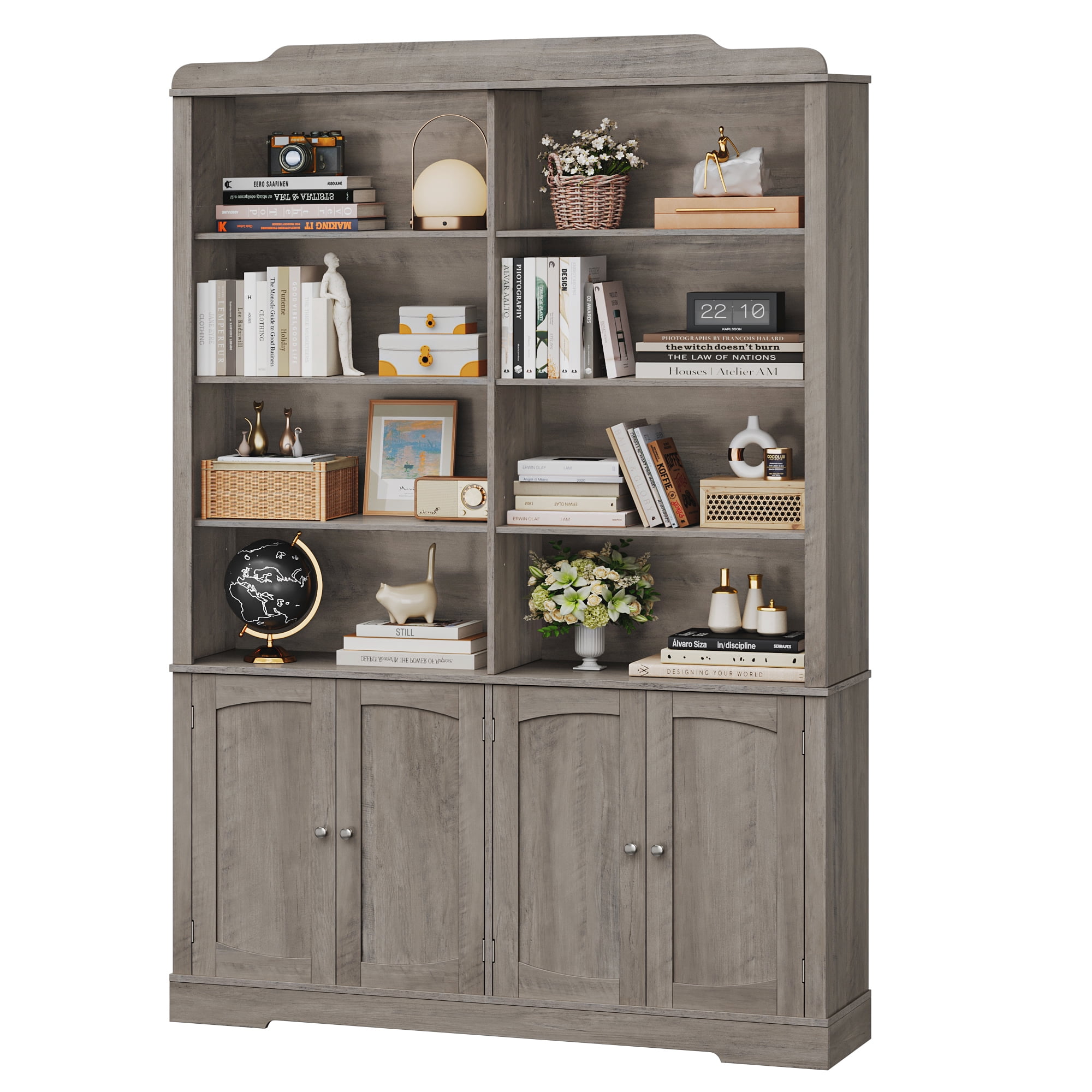 Homfa 73'' Tall Bookcase with 4 Doors, 6-Tier 8 Cubes Display Bookshelf, Double Row Bookcase with Adjustable Shelves for Living Room Home Office, Gray