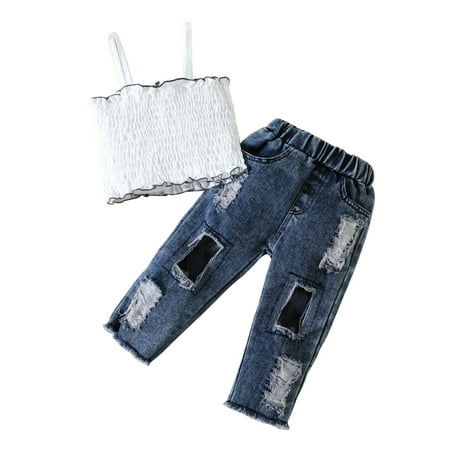 

Receiving Blankets with Headband Girl Toddler Kids Baby Girls Vest T Shirt Tops Denim Ripped Jeans Long Pants 2PCS Outfits Clothes Set Cute Baby Girl Pant