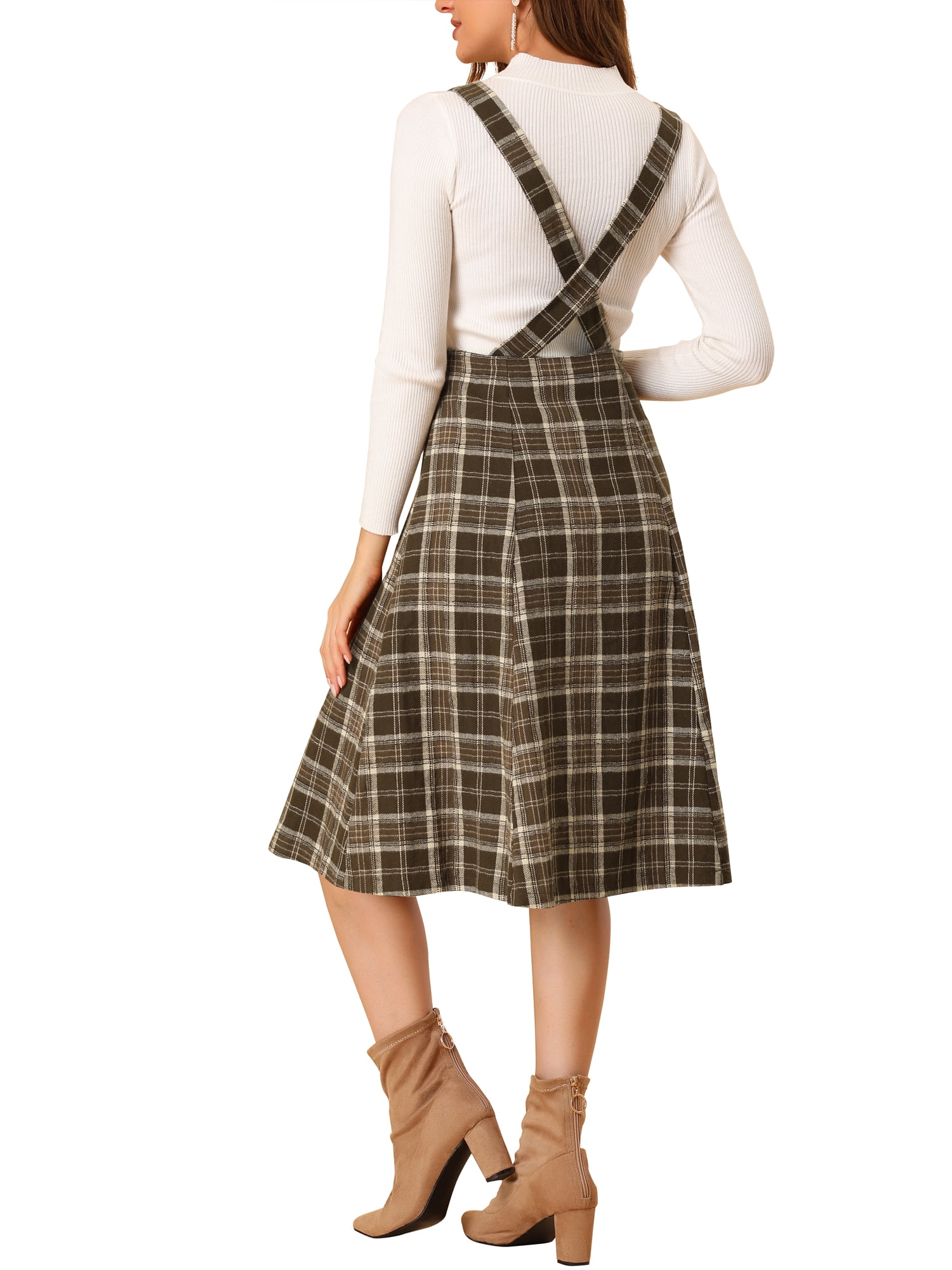 Unique Bargains Junior's Retro Plaid Tartan A-Line Suspender Midi Skirt M Brown Plaid