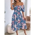 thumbnail image 5 of Women's Ruffle Off Shoulder Floral Midi Smocked Flowy Long Dresses Dress for Summer Spring Beach Blue XL, 5 of 10