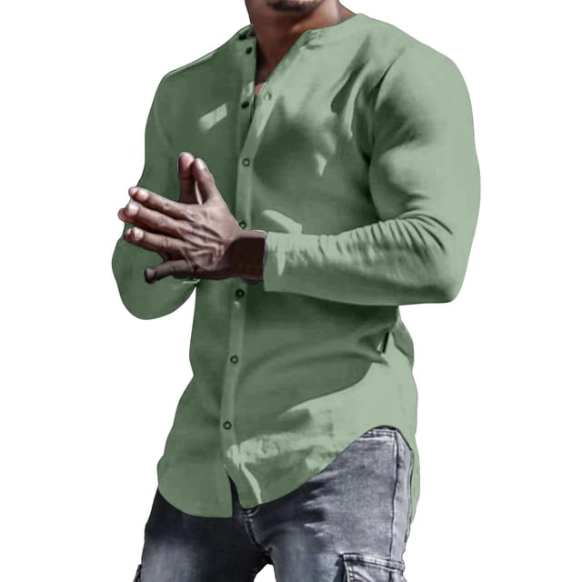 Camisas s Para Hombre Camisa al libre sin cuello de color sólido de manga larga de algodón de otoño e invierno para hombre (Green, XXL)