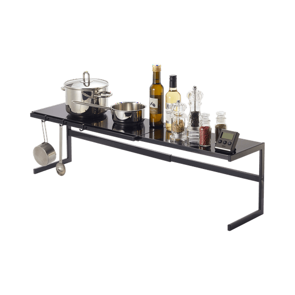 Yamazaki Home Expandable Countertop Shelf, Black, Steel, Large, Supports 23 pounds, Expandable
