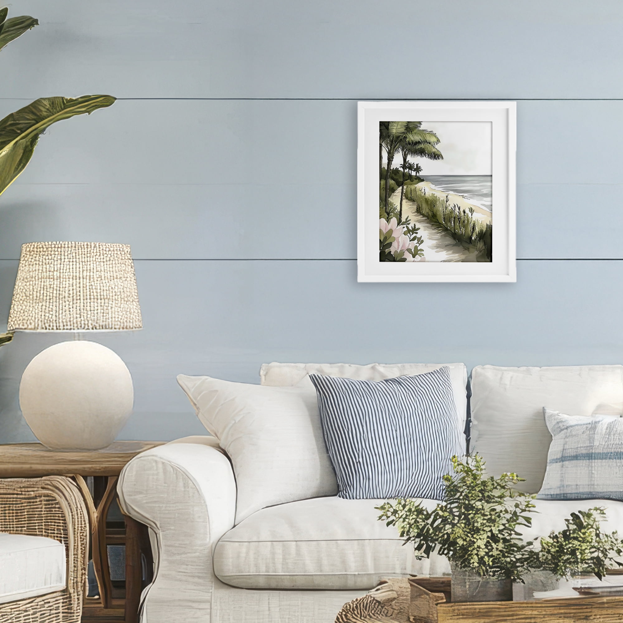 Stupell Industries Coastal Calm Palm Tree Pathway White Framed Print Under Glass, design by Riley B